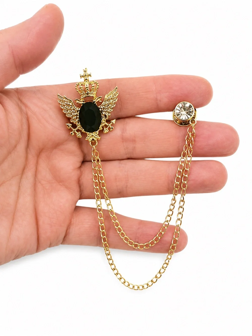 New Gold Tone Crown Eagle Double Chain Lapel Pin Brooch Black Cabochon